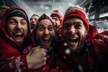 A group of men, likely ice hockey fanatics, stand bundled up in winter gear in the snowy outdoors. They appear to be chatting or discussing something while braving the cold weather - obrazy, fototapety, plakaty