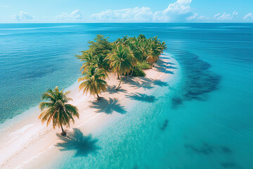 tropical paradise uninhabited island with sandy beach and palm trees on coast in ocean - obrazy, fototapety, plakaty