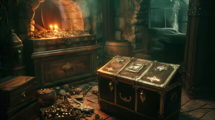 Wooden chest with rivets and a great treasure with gold pieces on the floor of a pirate's or a king's room. Setting for an adventure story. - obrazy, fototapety, plakaty