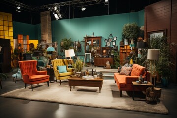 Prop masters arranging vintage furniture and decor for a retro-themed TV show set