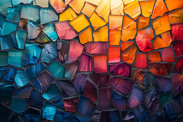 Detailed view of a vibrant mosaic wall made of colorful glass tiles