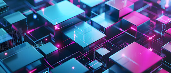 Neon Nexus: Dreaming in Vibrant Digital Data Blocks with Shiny Geometric Patterns and Bright Lights