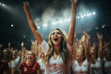 A woman is energetically raising her hands up in the air, showing excitement or celebration. The gesture suggests enthusiasm or victory - obrazy, fototapety, plakaty