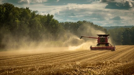 The combine goes through the field and collects, lays the harvest