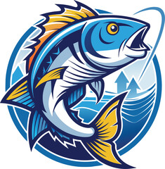 Illustration of a blue fish with a fishing rod  retro style.