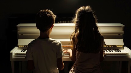 Back view of children playing white piano in dark background