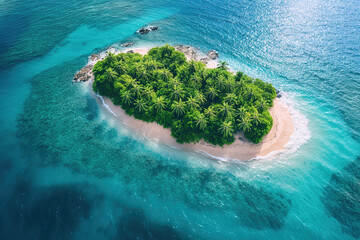 tropical paradise uninhabited island with sandy beach and palm trees on coast in ocean. Aerial top view of drone from above