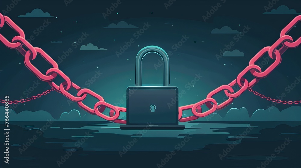 Poster flat illustration depicting a security center with a lock and chain around a laptop, symbolizing dat