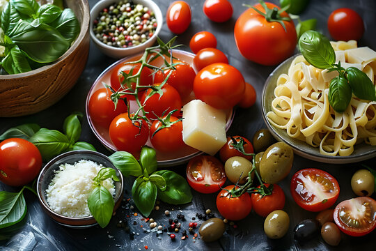 A variety of ingredients for an Italian menu of fresh tomatoes and basil, olives and cheese are located on a dark surface. Concept: food for gourmets and lovers of Mediterranean cuisine.