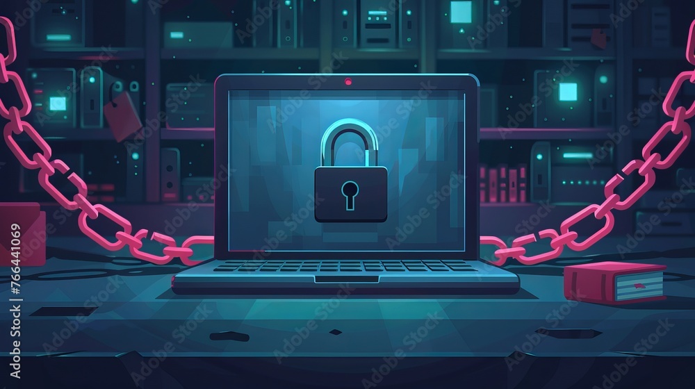 Poster flat illustration depicting a security center with a lock and chain around a laptop, symbolizing dat