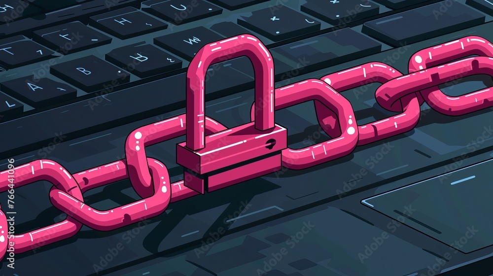 Poster flat illustration depicting a security center with a lock and chain around a laptop, symbolizing dat