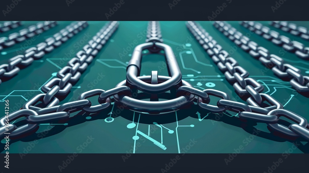 Poster flat illustration depicting a security center with a lock and chain around a laptop, symbolizing dat
