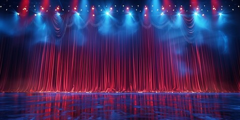 Podium for performance in a theater or concert hall with a fabric curtain and spotlight on a luxurious background.