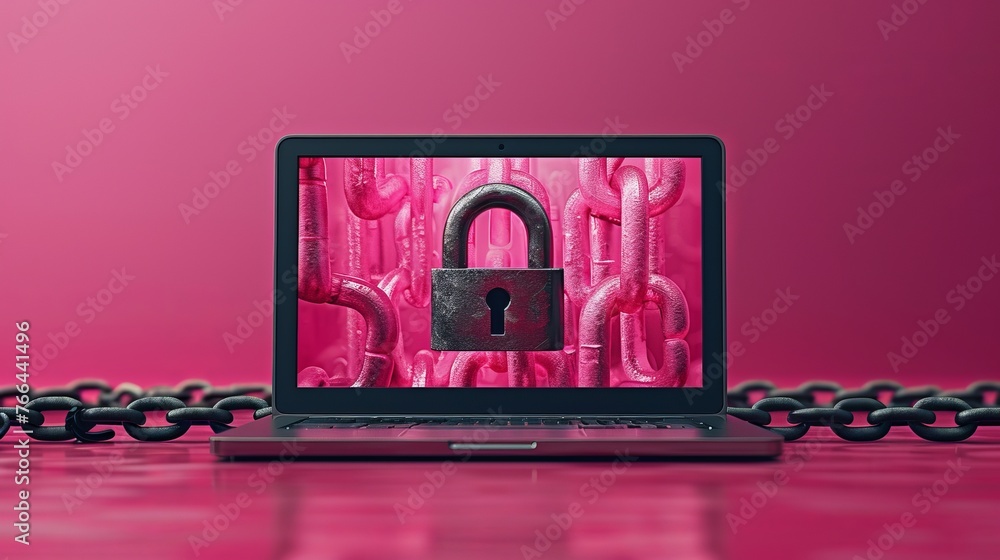 Poster flat illustration depicting a security center with a lock and chain around a laptop, symbolizing dat
