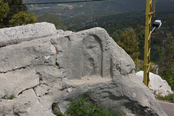 Lebanon ruins of the Mashnaka temple on a cloudy spring day