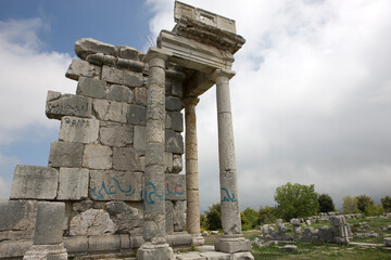 Lebanon ruins of the Mashnaka temple on a cloudy spring day