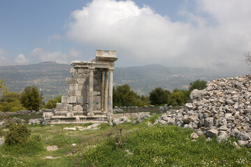 Lebanon ruins of the Mashnaka temple on a cloudy spring day