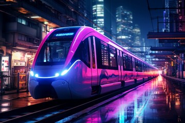 Naklejka premium Pink and Blue Train Traveling Down Train Tracks