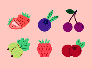 Set of vector illustrations of berries. Strawberry, raspberry, cherry, lingonberriy, gooseberry, blueberriy.