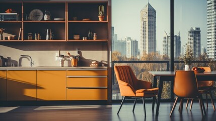 Modern kitchen with a view of the city