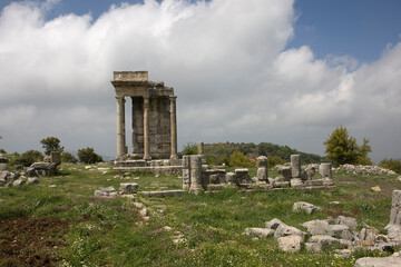 Lebanon ruins of the Mashnaka temple on a cloudy spring day