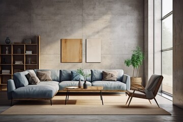 Modern living room interior with blue sofa, coffee table, armchair, and potted plant