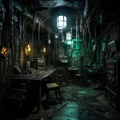 Foto op Aluminium A dark and creepy room with a table, chair, and other objects covered in vines and moss © Adobe Contributor