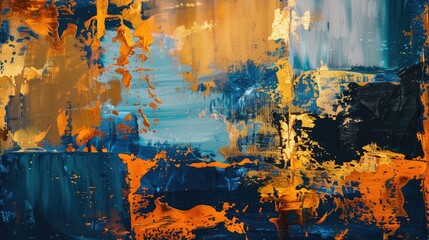 large line oil painting art painting mural painting modern art, colored dots, brush strokes, golden elements, orange, gold, blue, knife painting