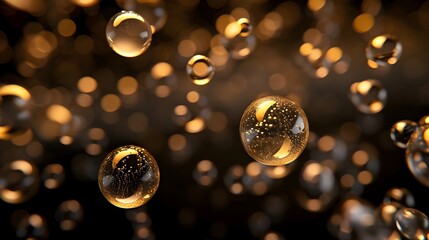 Golden bubbles floating in the air, dark background,
