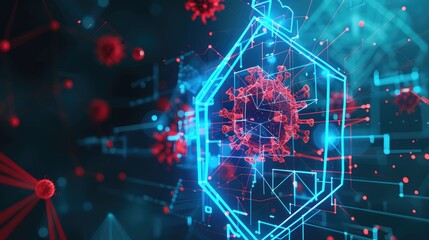 Modern 3D graphics of abstract house icon behind futuristic blue protection shield attacked by red virus. Low poly style. Blue geometric background. - obrazy, fototapety, plakaty