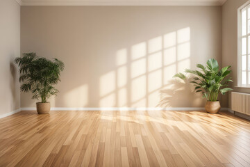 Fototapeta na wymiar Room interior empty space background mock up, sunlight and shadows room walls, cozy summer warm room with sunlight and leafs shadows and wooden blank parquet floor