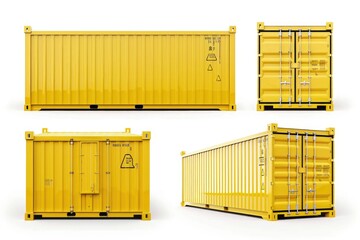 Four yellow shipping containers on a plain white background. Great for logistics and transportation concepts
