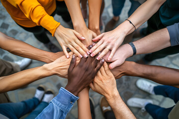 close-up photo of diverse hands joined together, symbolizing unity and inclusivity, multiracial friendship