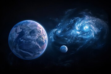 Blue planet and a moon in the outer space with stars and a blue nebula