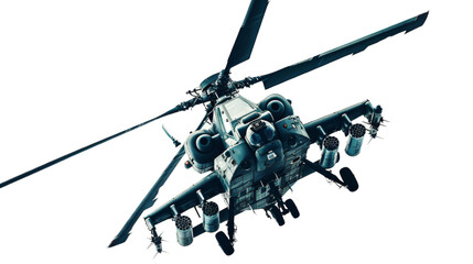 A military helicopter maneuvers through the sky at high speed
