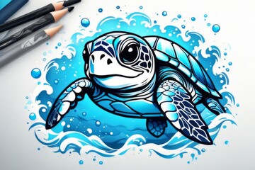 Turtle gracefully swimming in water. For educational materials for kids, game design, animated movies, tourism, stationery, Tshirt design, posters, postcards, childrens books.