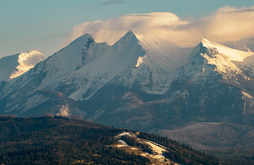 Mountains Landscape in winter. Tatra National Park- view from Czarna Gora. Mountain peaks...