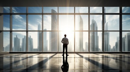 Fototapeta premium Businessman looking at the city from the office window