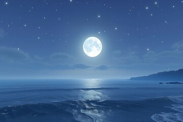 Full moon rising over a dark ocean - obrazy, fototapety, plakaty