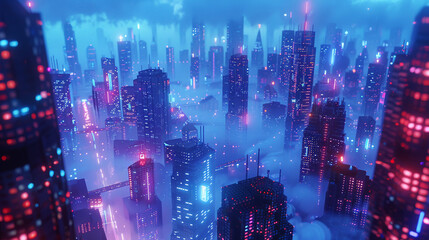 Surreal cityscape, futuristic skyscrapers, floating islands, ethereal glow, flying cars, advanced technology, 3D render, Neon lights, Chromatic Aberration. Created with Generative AI - obrazy, fototapety, plakaty