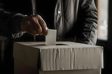 A hand puts a piece of paper into a cardboard ballot box. Concept: Close-up of the election process. political voters - obrazy, fototapety, plakaty
