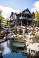 Fototapeta na wymiar A Breathtaking Multi-Story Home with a Rock Waterfall and Pool