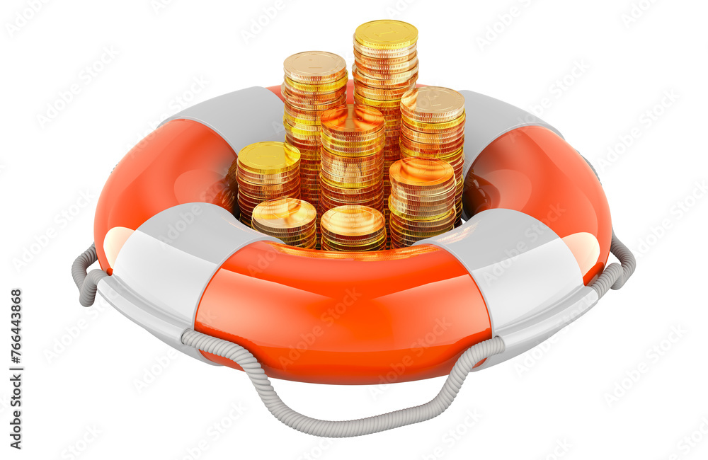 Poster lifebuoy with golden coins inside, 3d rendering isolated on the transparent background