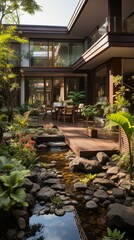 Fototapeta na wymiar Courtyard with tropical plants and a pond