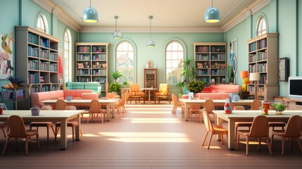 Cozy interior of a modern library with large windows and bookshelves