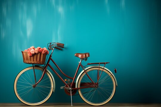 Cute bike with a basket of flowers. Banner with copy space. Concept: rental of transport for street walks, active recreation with the family in nature