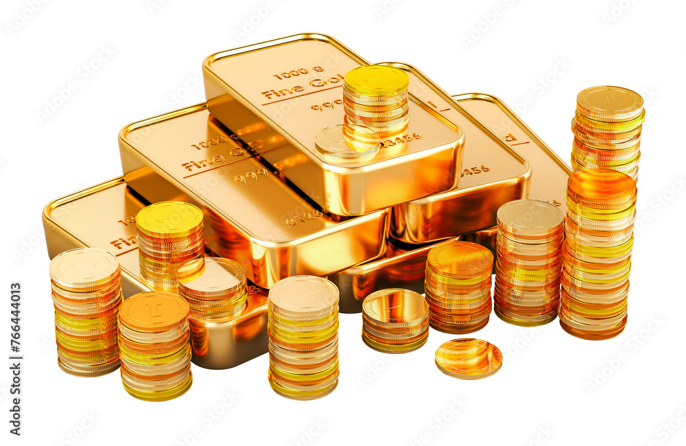 Poster stack of gold ingots and golden coins, 3d rendering isolated on the transparent background
