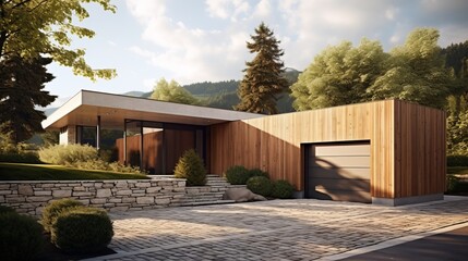 Modern wooden house with large garage and stone wall - obrazy, fototapety, plakaty