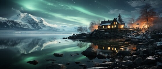 Aurora borealis over a Norwegian fjord