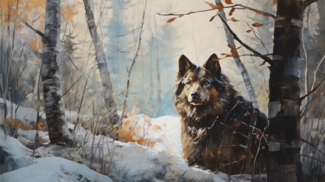 A painting of a wolf in a snowy forest. The wolf is looking at the camera and he is curious. The painting has a peaceful and serene mood, with the snow and trees creating a sense of calmness